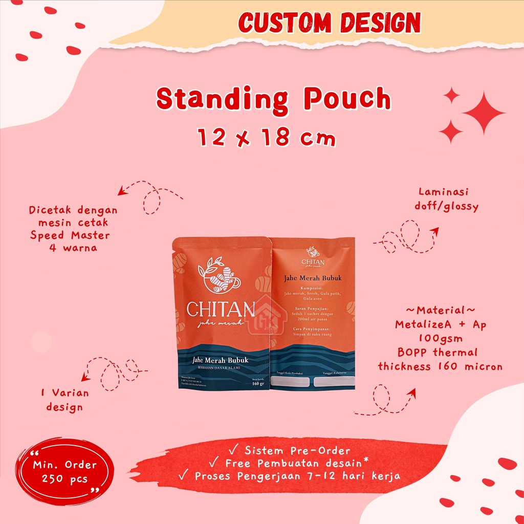 CETAK Kemasan Standing Pouch Printing Custom Design uk.12x20cm/13x20cm/13x21cm