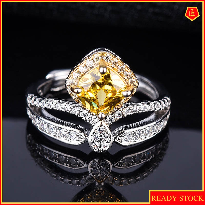 [Ready Stock]Pt950 Square Yellow Diamond Creative Crown Ring