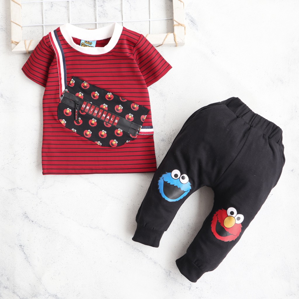 Nuna Store baju anak laki laki SaintQueen Motif Kantong Garis Elmo / Setelan Baju Bayi 0 - 2,5 tahun / Baju Anak Laki-Laki