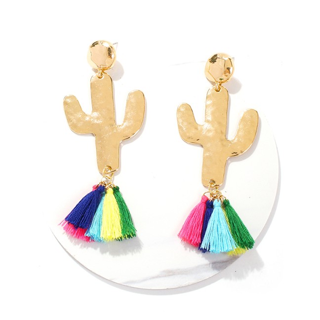 LRC Anting Tusuk Fashion Gold Alloy Cactus Tassel Earrings F69520