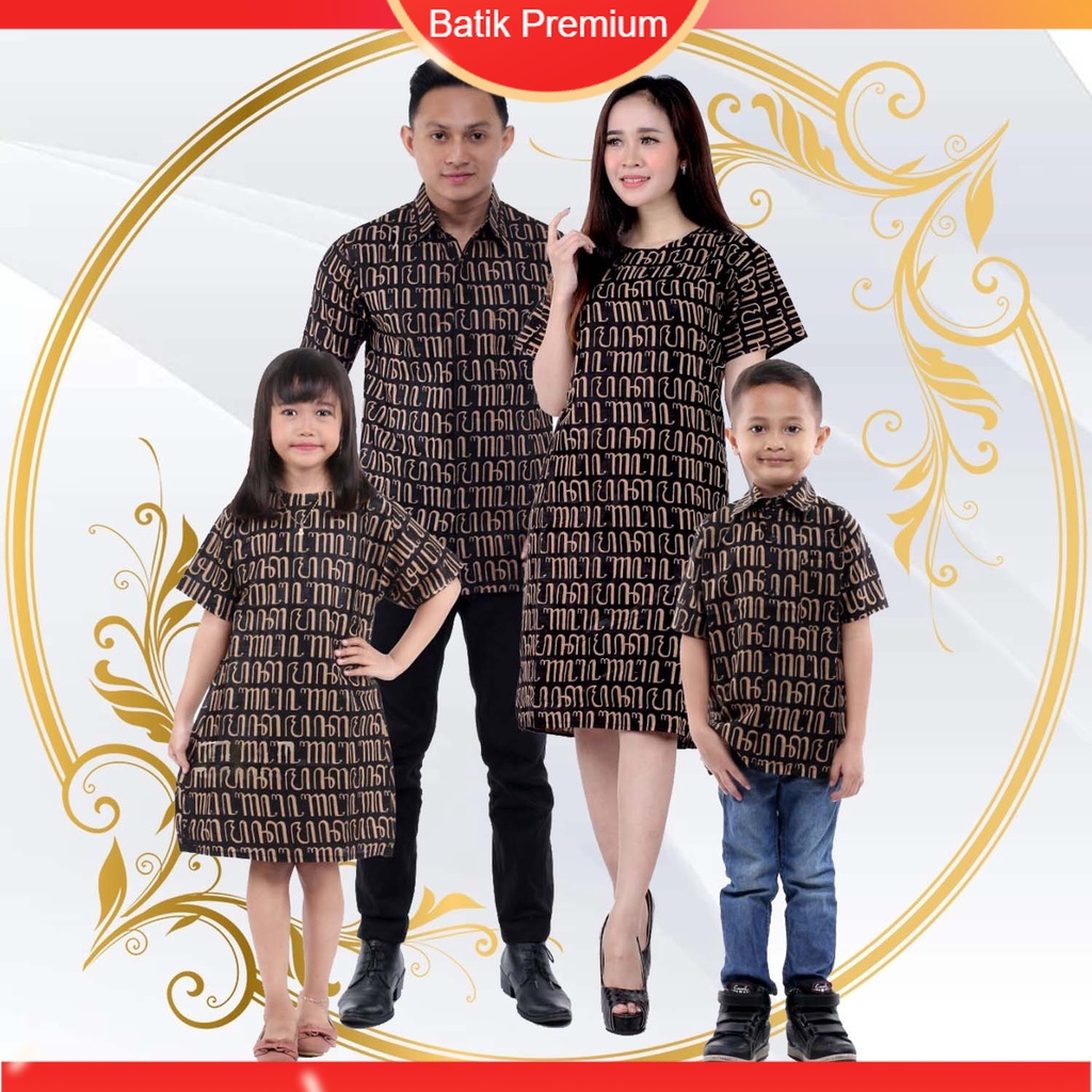 Set Keluarga - Batik Keluarga Natal - Ibu Bapak Anak - Motif Aksara Jawa Hanacaraka - Dress Tunik Bl