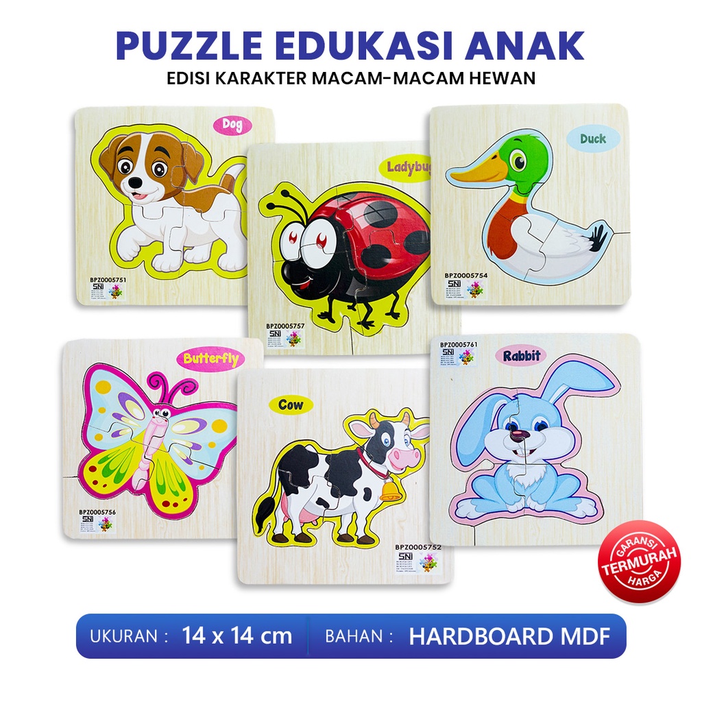 Puzzle Edukasi Anak / Puzzle Kayu / Puzzle Anak Seri Hewan Dog Ladybug Duck Butterfly Cow Rabbit Ukuran 14 Bahan MDF