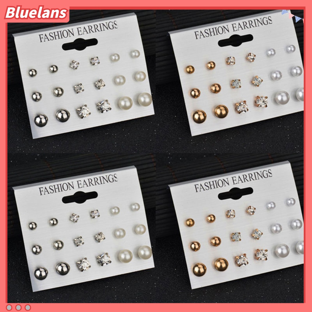 9 Pasang Anting Stud Mutiara Berlian Imitasi Untuk Wanita