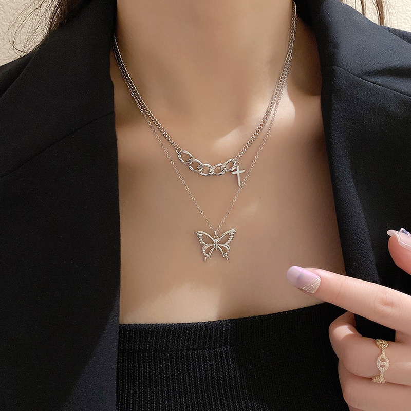 Kalung Rantai Liontin Butterfly Cross Gaya Korea Untuk Wanita