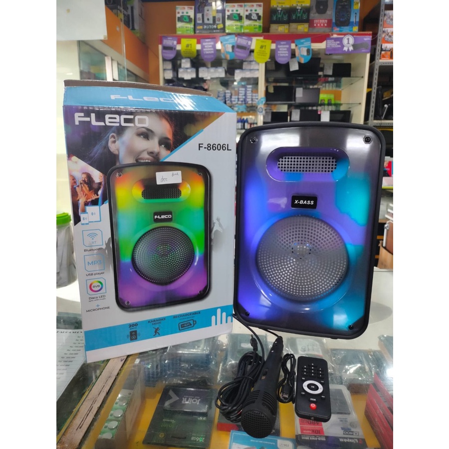 COD SPEAKER BLUETOOTH KARAOKE FLECO 8'5 INCH F-8606L LED PLUS MIC KARAOKE X-BASS / SPEAKER KARAOKE X-BASS FLECO F-8606L UK 8'5 INCH