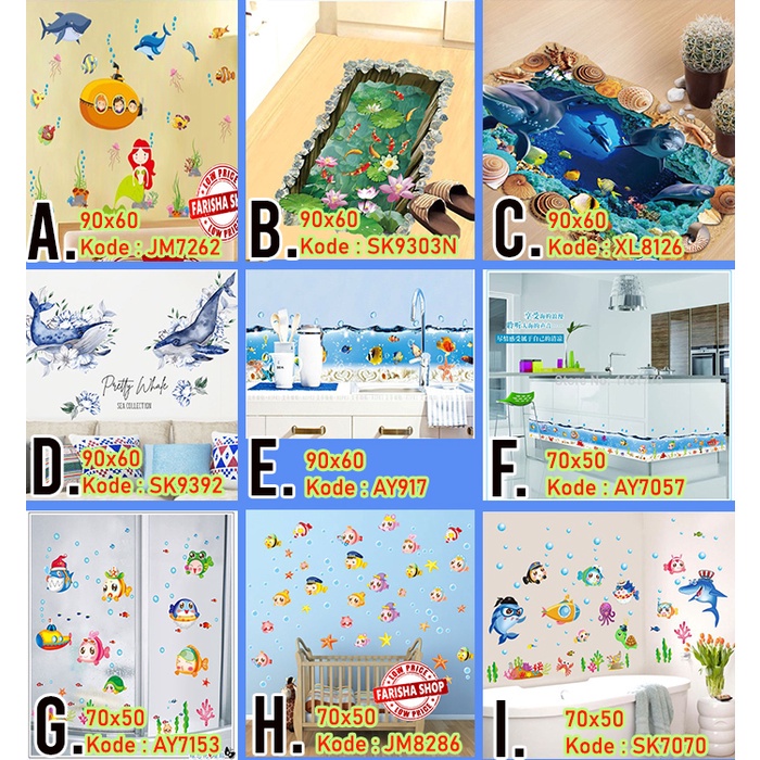 DUNIA STIKER Wall sticker Ikan Fish Lumba-Lumba Dolphin Paus Ukuran 70x50 dan 90x60 Stiker Dinding