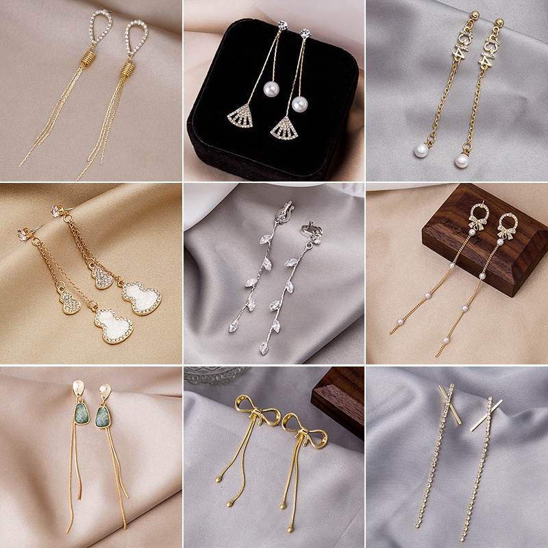 Anting Rumbai Panjang Desain Bunga Kupu-Kupu Aksen Berlian Mutiara Bahan S925