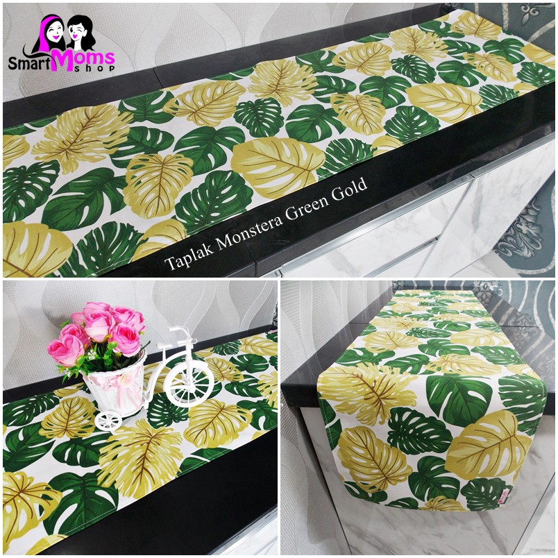 TAPLAK MEJA TAMU PANJANG MINIMALIS / TAPLAK MEJA PERSEGI PANJANG /TAPLAK MODERN MONSTERA GREEN GOLD