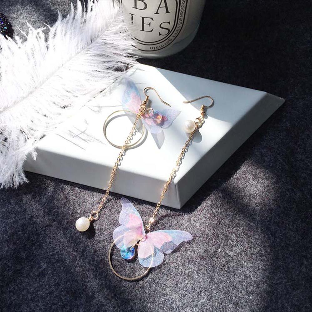 Needway  Retro Earrings Alloy Earrings Jewelry Imitation Pearl Asymmetrical Wings Long Exquisite Butterfly