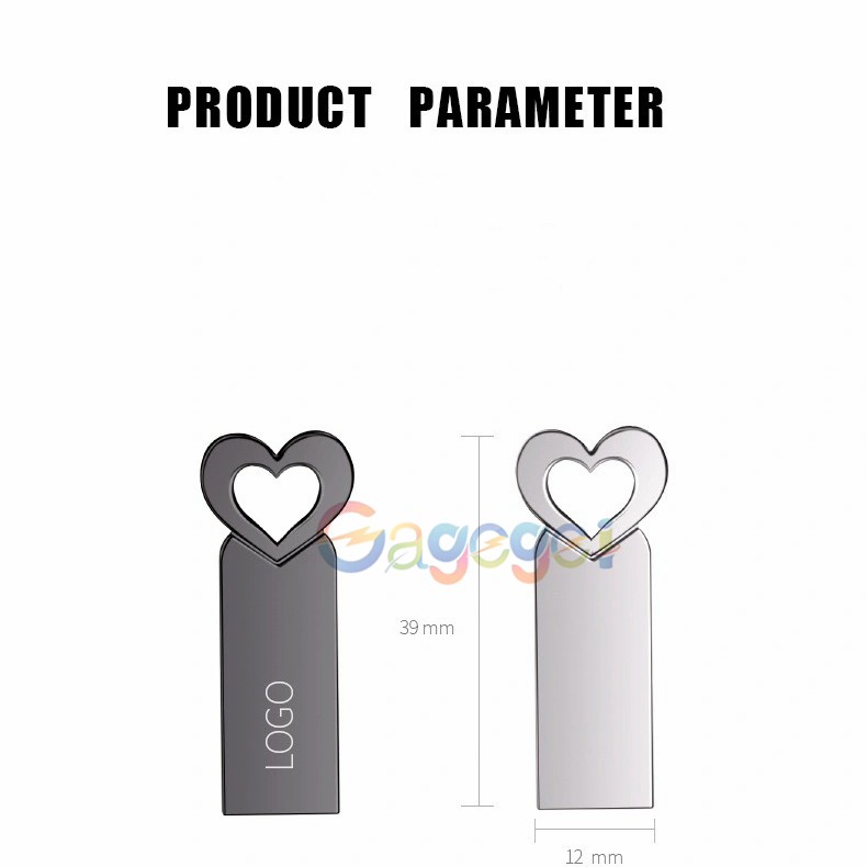 Flashdisk Usb 2.0 1gb 2gb 4gb 8gb 16gb 32gb 64gb 128gb Bentuk Hati Bahan Logam