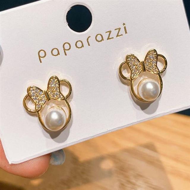 S925 jarum mikro bertatahkan mutiara bow tikus kecil anting-anting Internet celebrity fashion anting