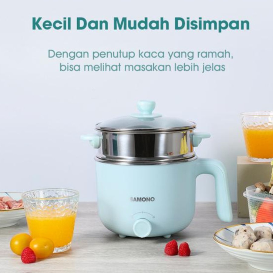 Samono SW-DG01 Panci Listrik Kukusan Elektrik Cooker Multifungsi 2 Tingkat Stainless Steel 1,2L GRS