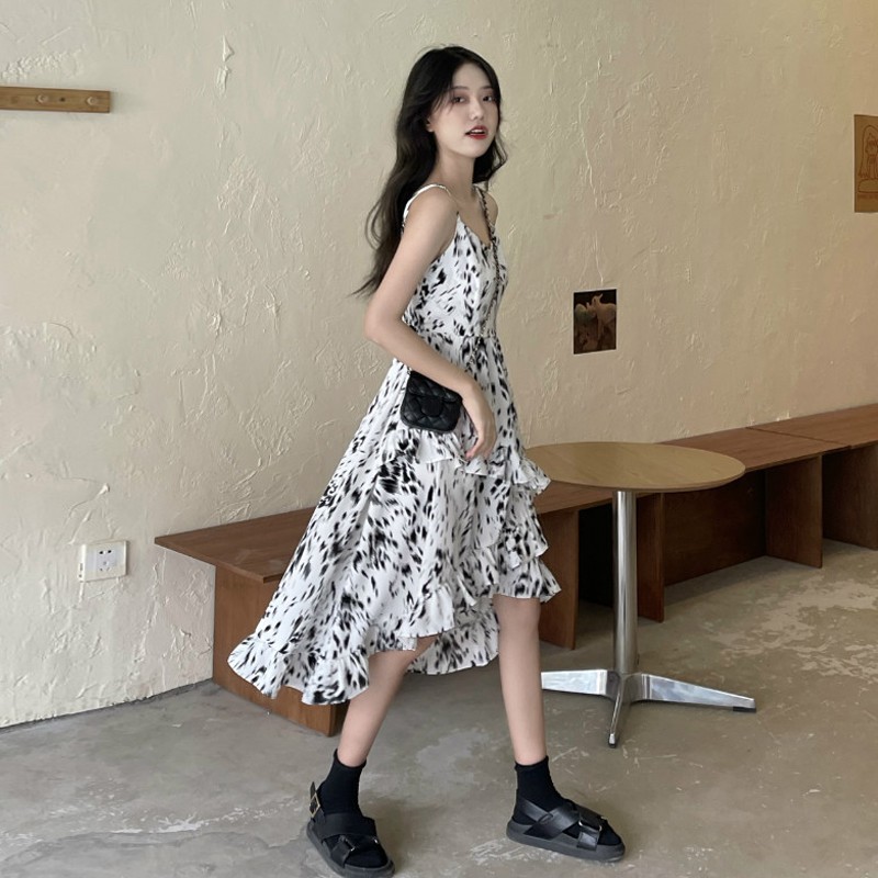 Dress Kasual Wanita Tanpa Lengan Style Korea, Gaun Panjang Motif Floral Wanita