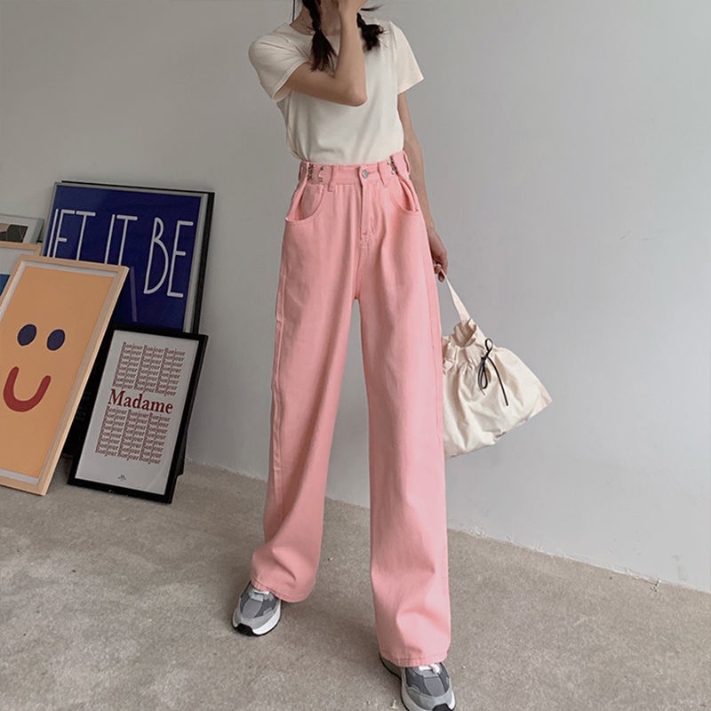 Denim celana wide-leg perempuan high-waist longgar lurus-kaki celana panjang