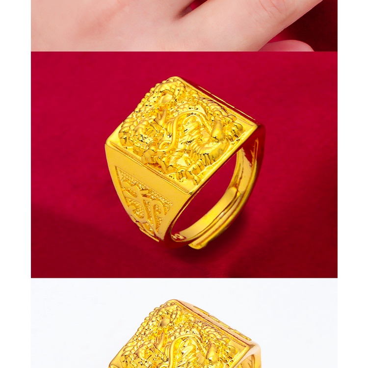 Cincin Emas Asli Kadar 375 Model Terbuka Dapat Disesuaikan Desain Naga Timbul Untuk Pria