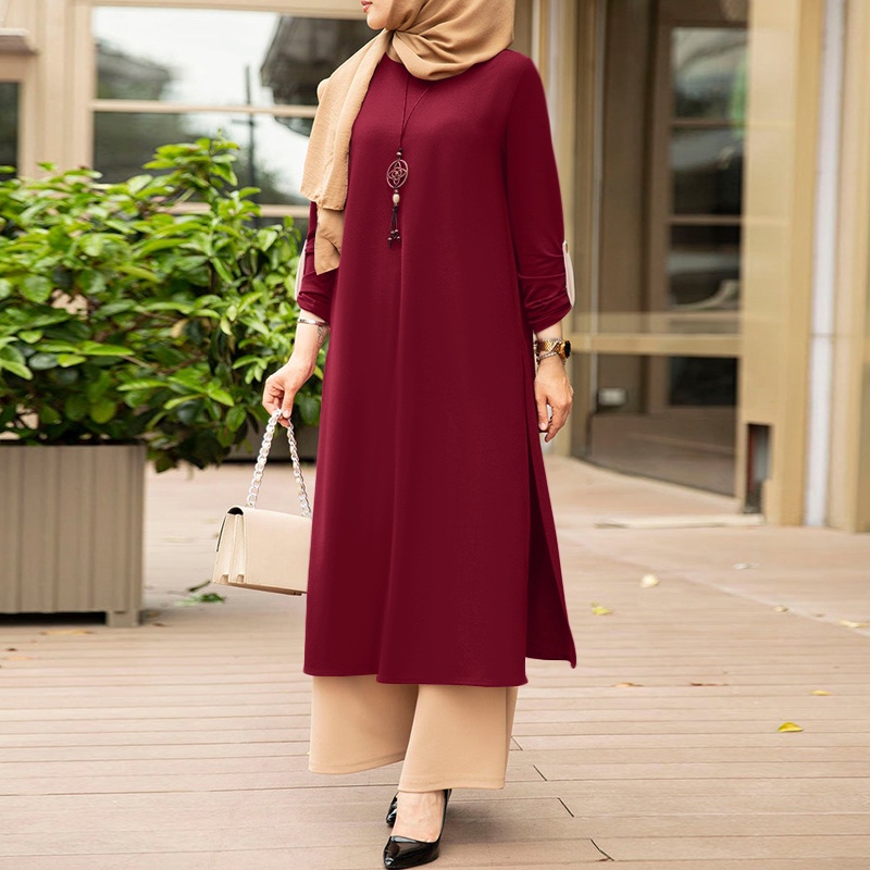 ZANZEA Women Casual Solid O Neck Long Sleeve Button Cuffs Split Hem Muslim Maxi Dress