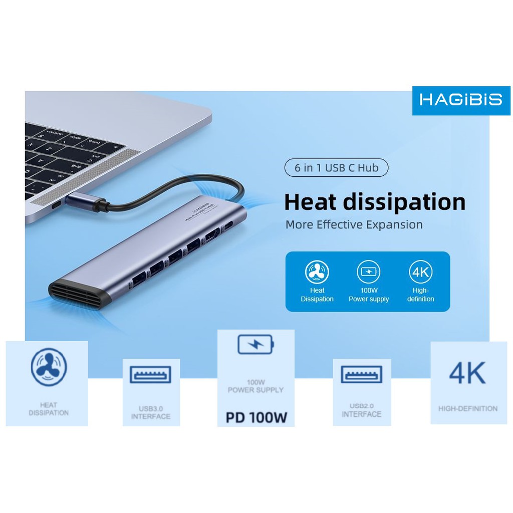 Hagibis USB C Hub 6 in 1 Type C Docking Station Fast Heat Dissipation