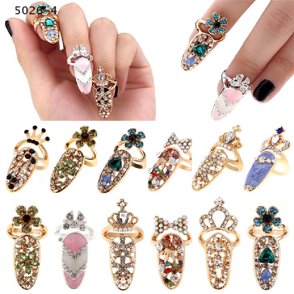 5026-4 Women Elegant Bowknot Nail Ring Charm Crown Flower Crystal Finger Nail Rings 5026-4