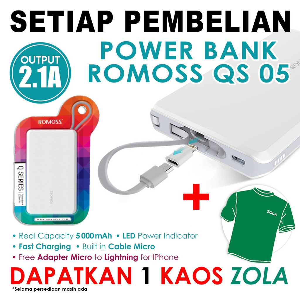 POWER BANK ROMOSS QS05 POWERBANK 5000 MAH POWERBANK KABEL MICRO ADAPTER LIGHTNING