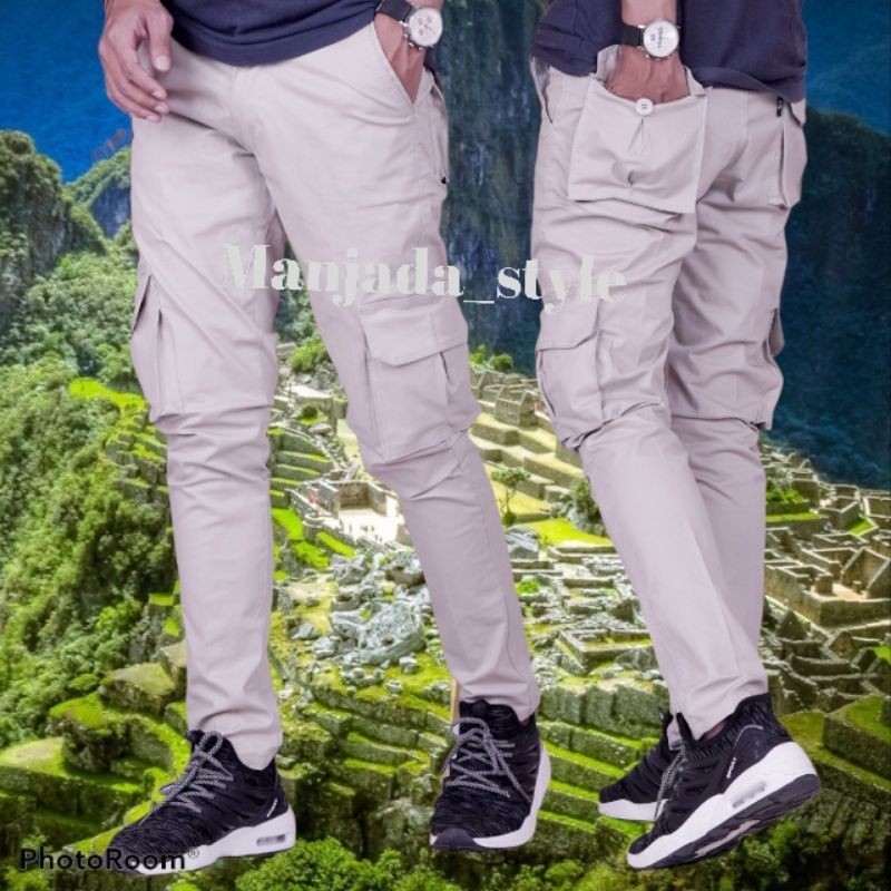 Celana Panjang Pria Cargo Model Slim Fit Skinny High Waist Warna Polos Untuk Pesta / Club