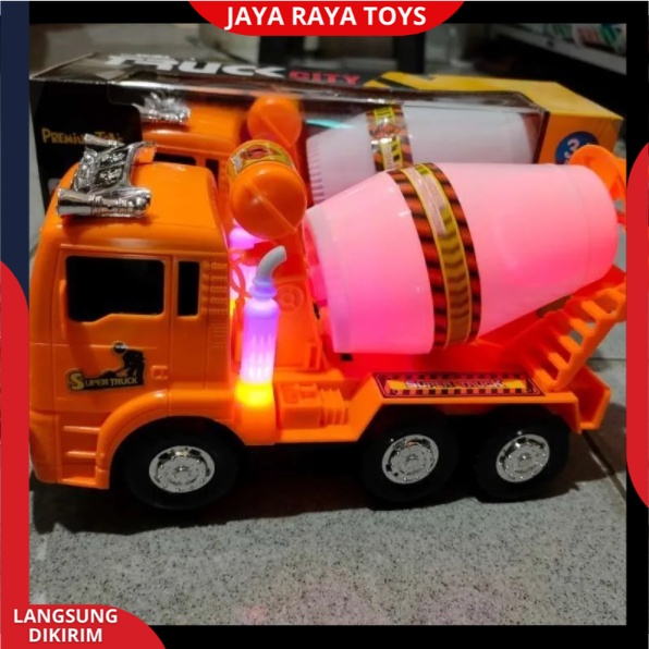 Mainan Anak Mobil Truk Construksi Mixer Molen Cement Bump And Go Pakai Baterai Berlampu Dan Bersuara