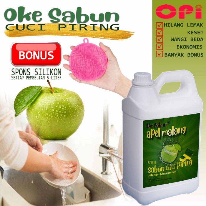 Sabun Cuci Piring 5 Liter Apel malang dll bonus Spons Silicon cantik New Formula sudah ada izin edar resmi by Oke sabun suplayer