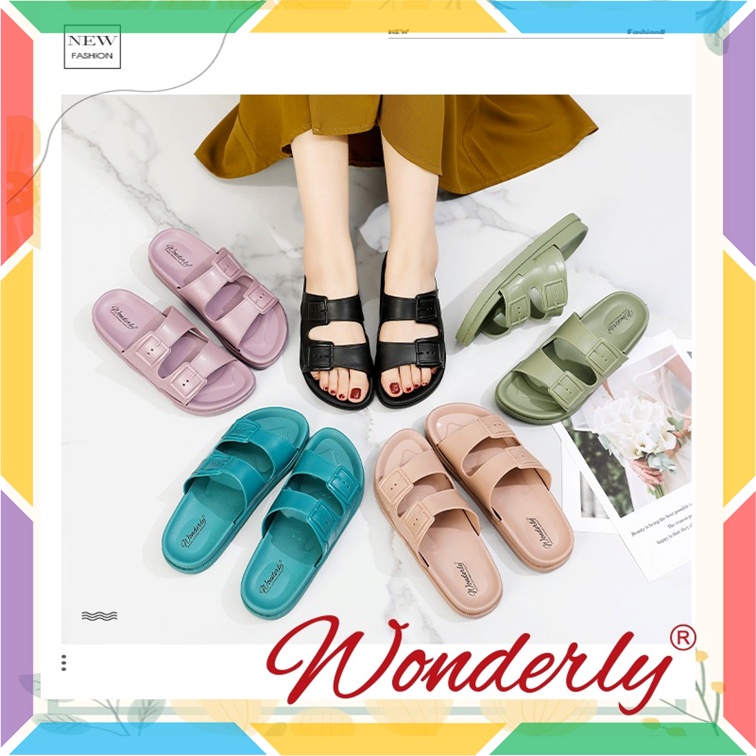 2062WL2 Sandal Selop Birken Wanita Wonderly Sendal Slop Gesper Cewek Ban 2 Karet Doff Glanzton