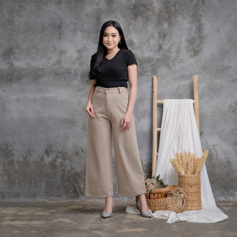 Mozza Kulot Jeans Highwaist Celana Kulot Jeans Wanita Warna Mocca Hitam Putih