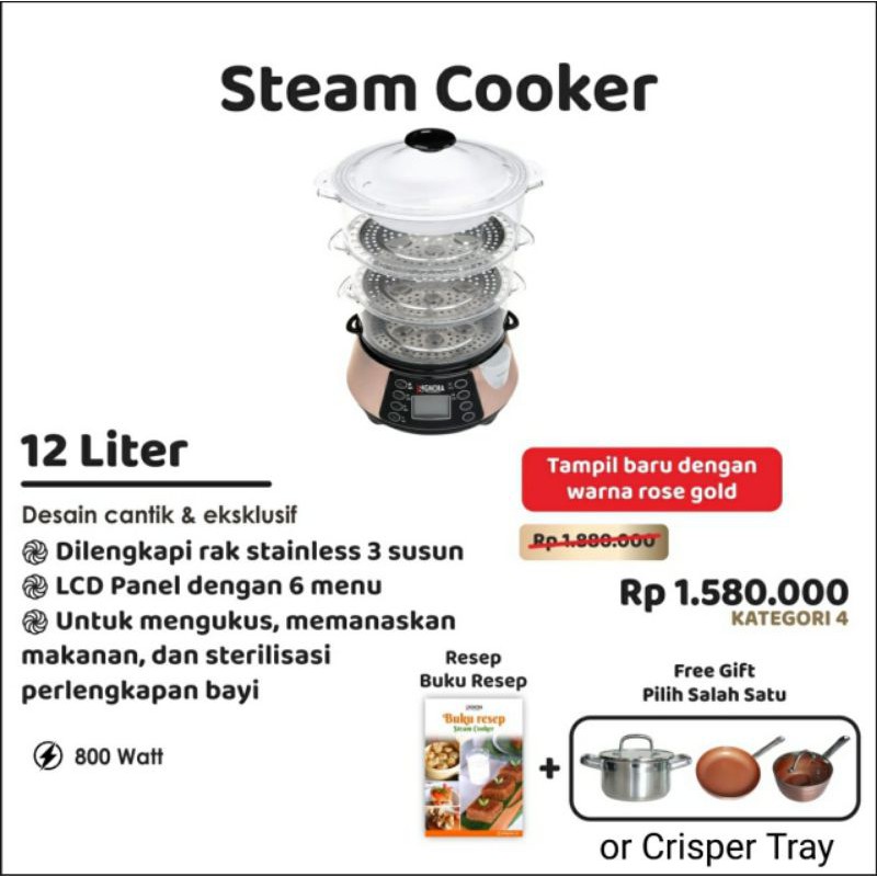 Panci Kukus Listrik Steam Cooker Signora 3 susun + Bonus