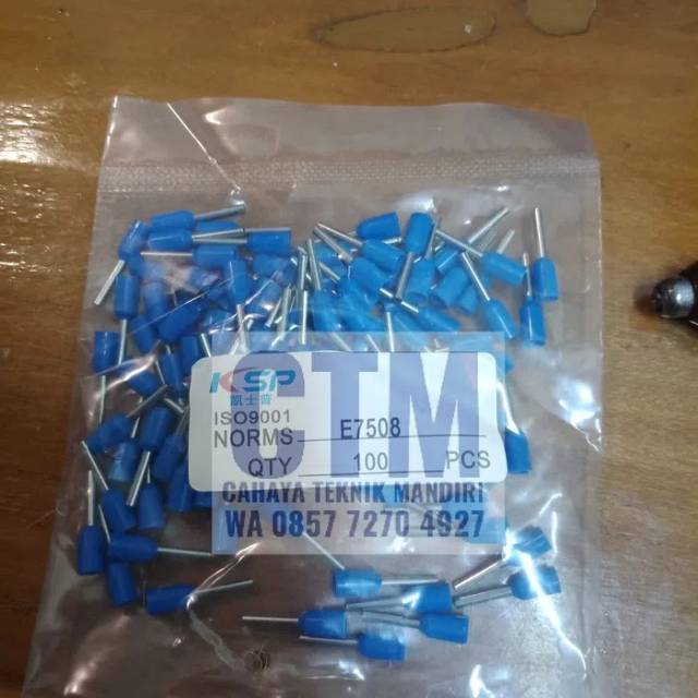 Skun pin lurus KSP E7508 untuk kabel 0,75mm biru