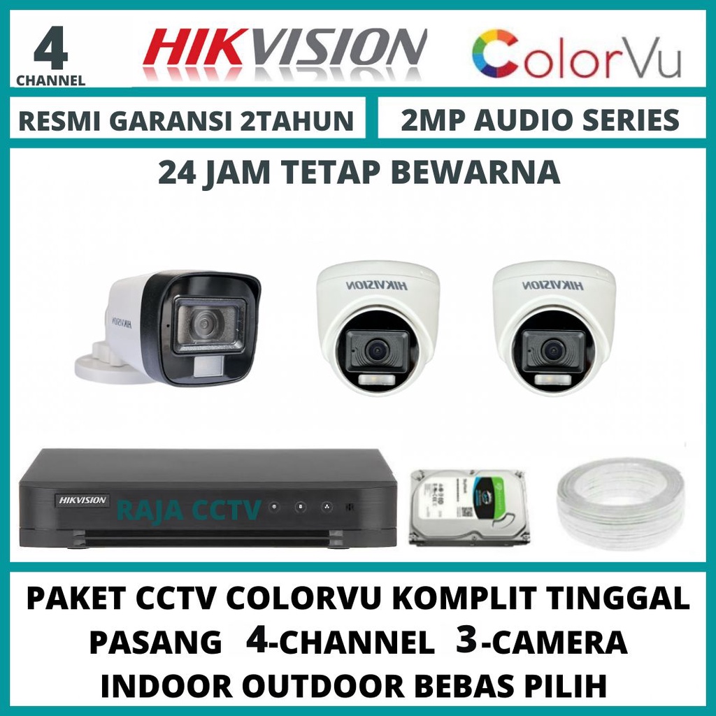 PAKET CCTV HIKVISION 2MP COLORVU 4 CHANNEL 3 CAMERA TURBO HD KAMERA CCTV COLORFUL