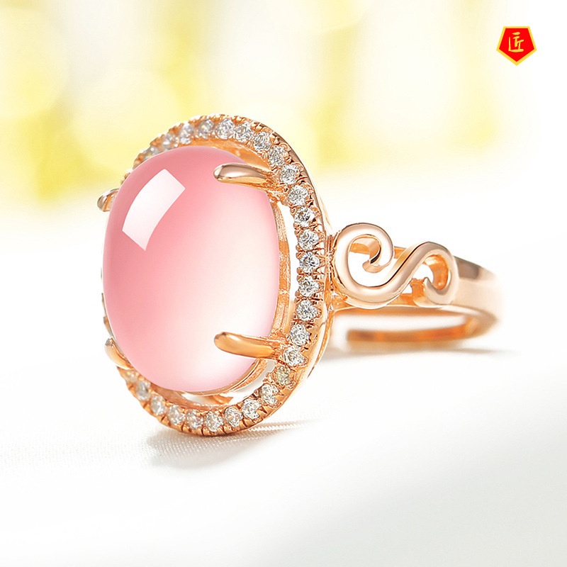 [Ready Stock]925 Silver Ring Women's Ethnic Style Ross Quartz Pink Crystal Diamond