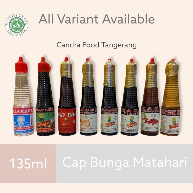 Saos Raja Rasa , Minyak Wijen , Kecap Ikan , Saos Tiram , Kecap Inggris , Tiram Udang , Kecap Asin , Cuka Halal Cap Bunga Matahari 135ML