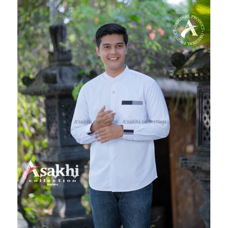 Koko Hadroh Panjang Al Qorni putih list hitam koko katulistiwa model baju kemeja koko terbaru 2021