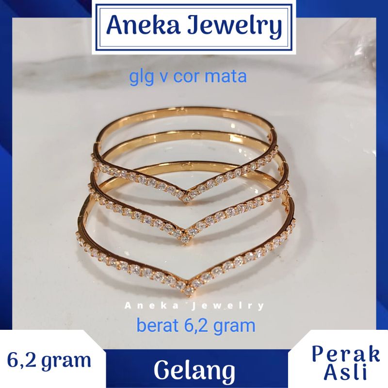 Gelang Pipa V Mata2 Baris, Perak 925, Lapis Emas Rosegold