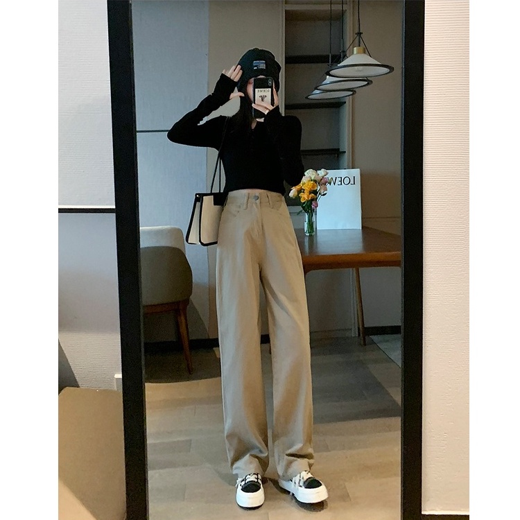 Import Korean Style Highwaist Loose Khaki Celana Jeans Panjang Wanita