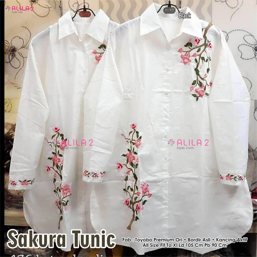 realpict SAKURA toyobo ori bordir motif bunga asli white atasan wanita alila hem putih kemeja cewek