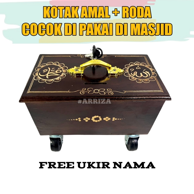 KOTAK AMAL + RODA / KOTAK INFAQ + RODA / CELENGAN / KOTAK DONASI + RODA / TEMPAT PENYIMPANAN UANG MOTIF LAFADZ ALLAH MUHAMMAD KAYU JATI