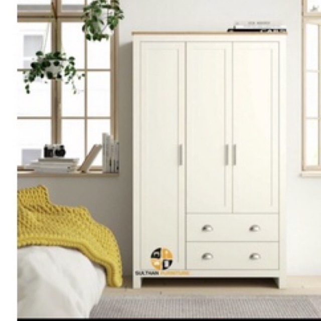 Lemari Pakaian Minimalis 3 Pintu 2 Laci-Almari Shabby Kayu Mahoni