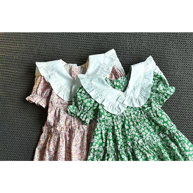 Dress Anak Perempuan Korean Fashion Floral Printed Warna Hijau Gaun