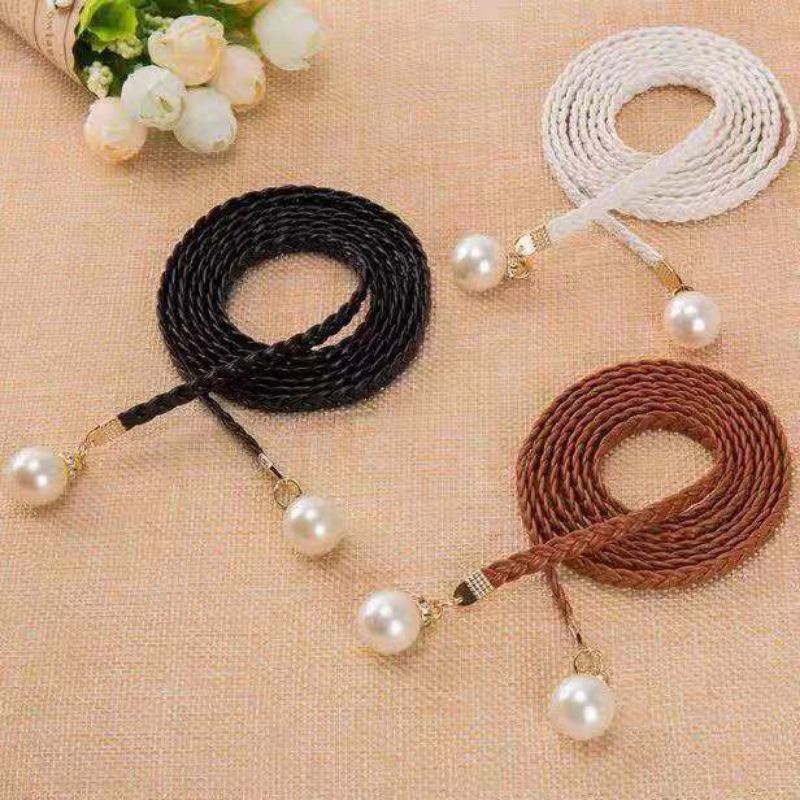 Ikat Pinggang Strap Kepang Tipis Motif mutiara Bahan jalinan tambang fashion wanita