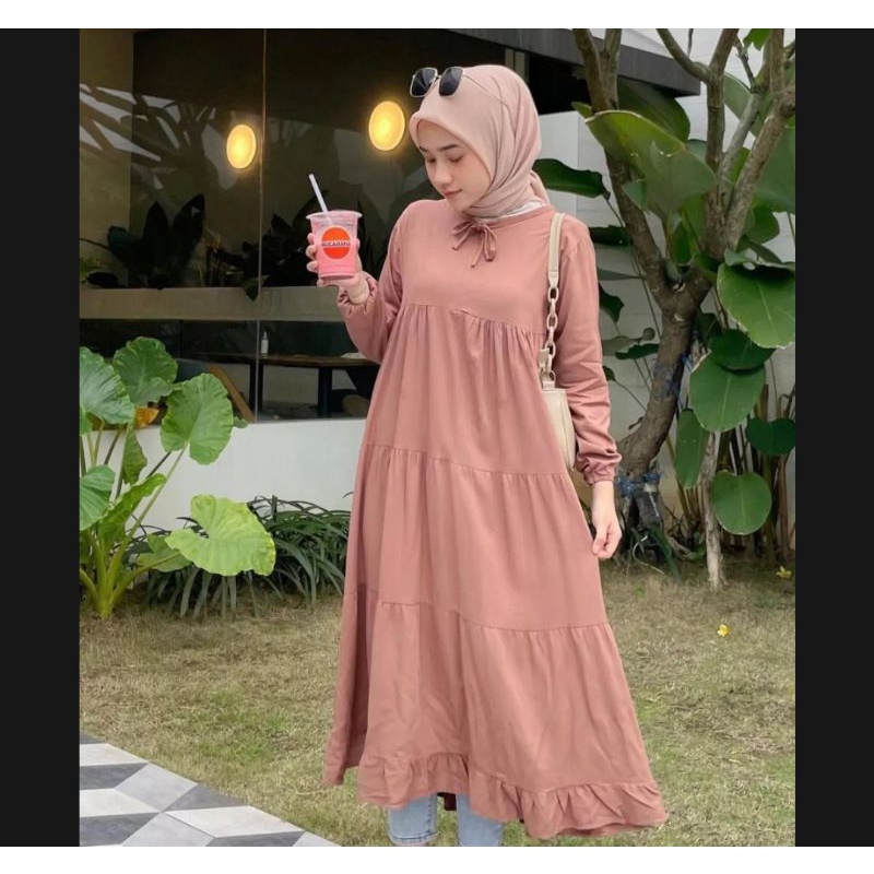 MIDI DRESS KEKINIAN MODERN BUSUI FRIENDLY TERMURAH TERLARIS POLOS RAYON ADEM