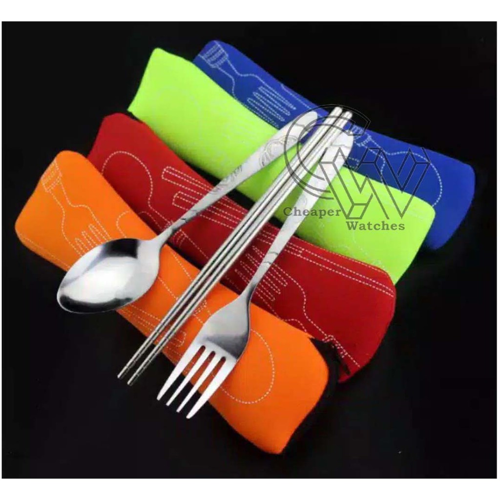 Cheaper-Sendok Sumpit Garpu Stainless Steel Set Pouch Sarung Tas Travel Souveiner Termurah