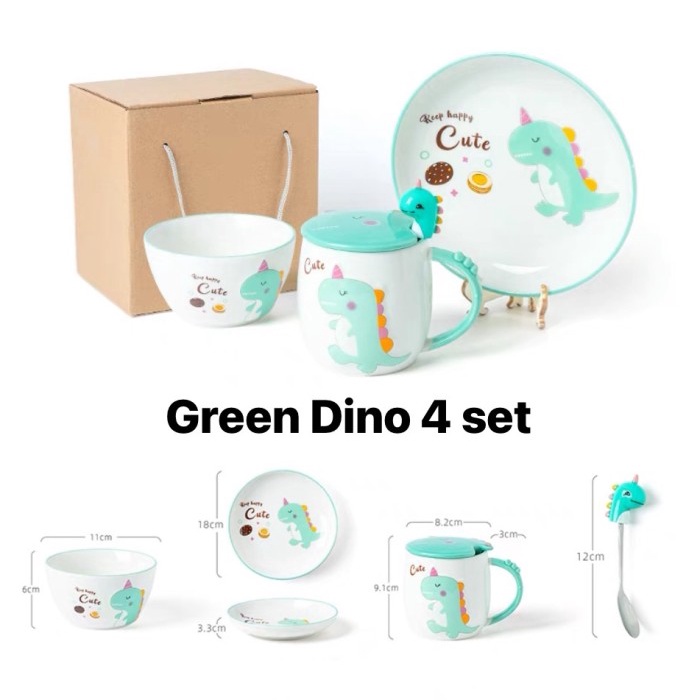 Green Dino Kid set 4/Piring makan anak lucu Ceramic Keramik