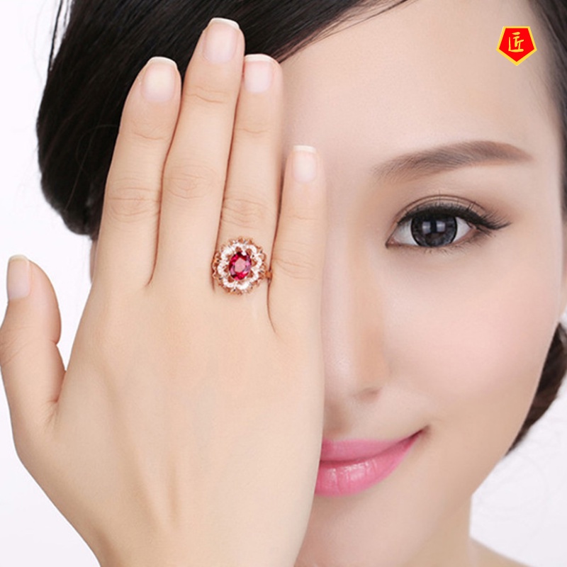 [Ready Stock]18K Rose Gold Inlaid Colored Gemstone Ring Elegant Advanced Exquisite