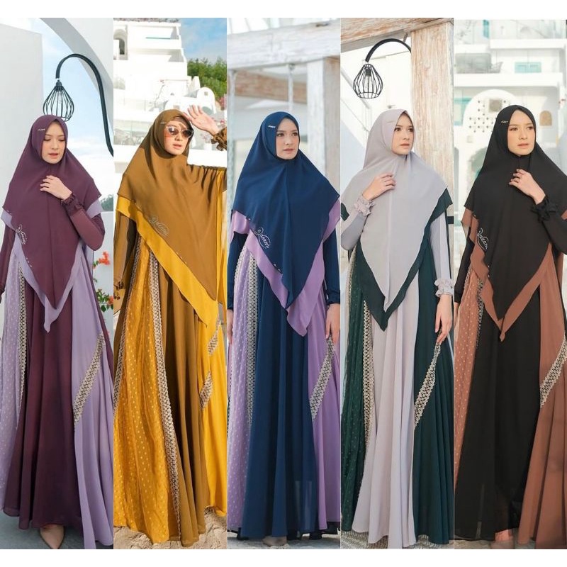 Hazeera Series Eldeena Syar'i By Kanaya Original Gamis Syari Set Hijab Ceruty Terbaru Dress Lebaran 