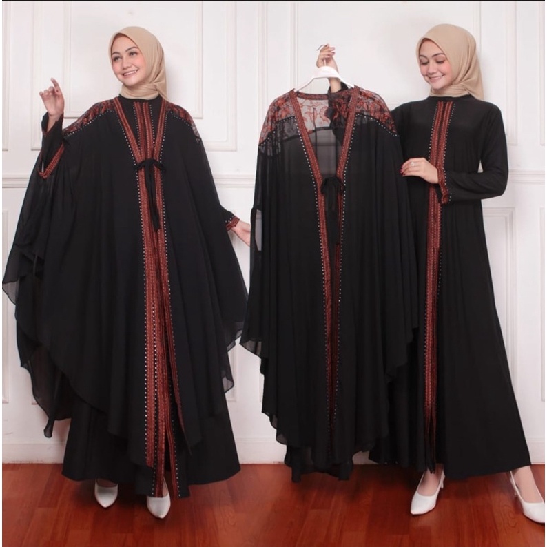 MF Store - COD - Abaya Dress Outer Hitam - Abaya Jubah Hitam -Abaya Rompi Terpisah Bordir Merah Bata