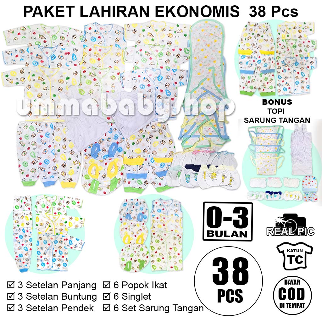 38pcs Paket Perlengkapan Baju Bayi Lahir Newborn Setelan Baju Bayi Polos Celana Popok Kado Singlet Topi Sarung Kaki Gift Set Motif Animal Lucu