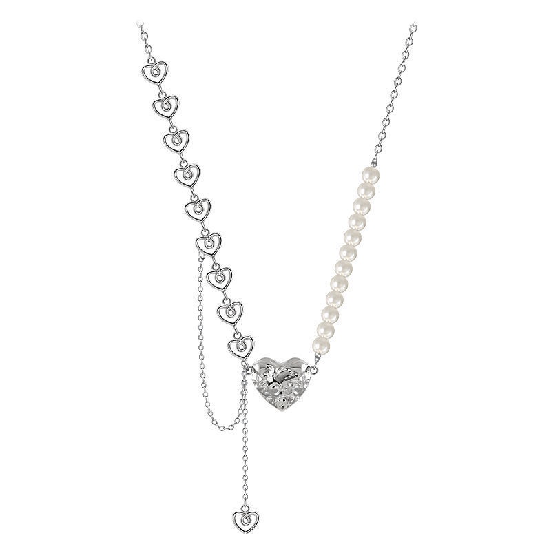 Pearl Silver Necklace Heart Pendant Elegant Splicing Chain Fashion Jewelry Accessories