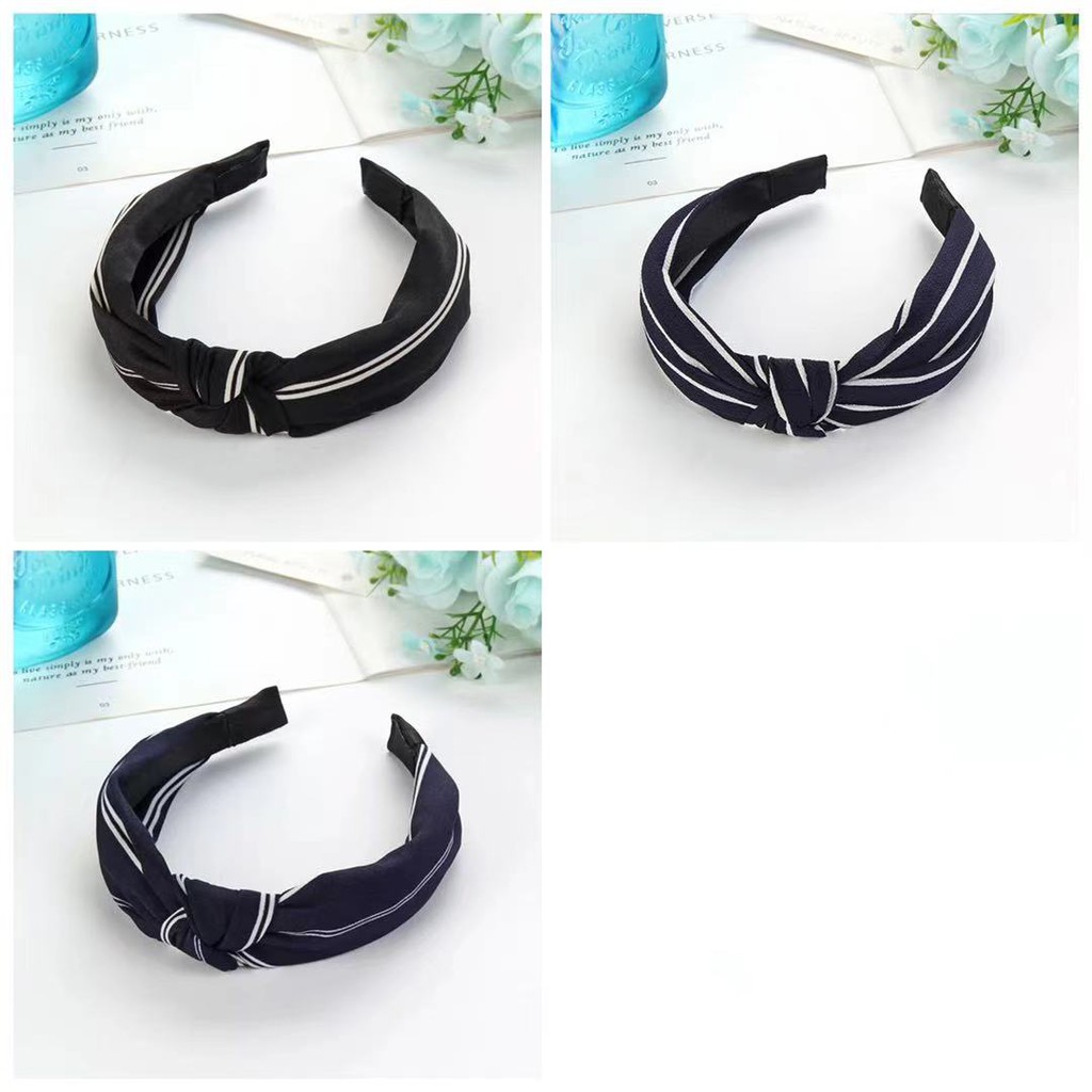 Headband Bando Korea Style Bandana Polos Bando Kain Motif Garis-Garis Bando Simpul Import